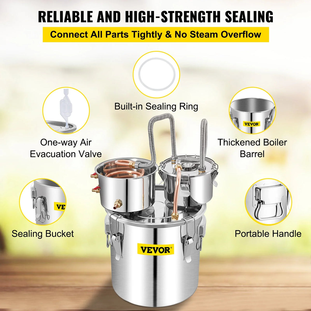 VEVOR Alcohol Still, 13.2Gal / 50L Stainless Steel Water Alcohol Distiller Copper Tube Home Brewing Kit Build-in Thermometer for DIY Whisky Wine Brandy, Silver - View 5
