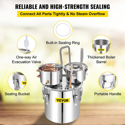 VEVOR Alcohol Still, 13.2Gal / 50L Stainless Steel Water Alcohol Distiller Copper Tube Home Brewing Kit Build-in Thermometer for DIY Whisky Wine Brandy, Silver - View 5