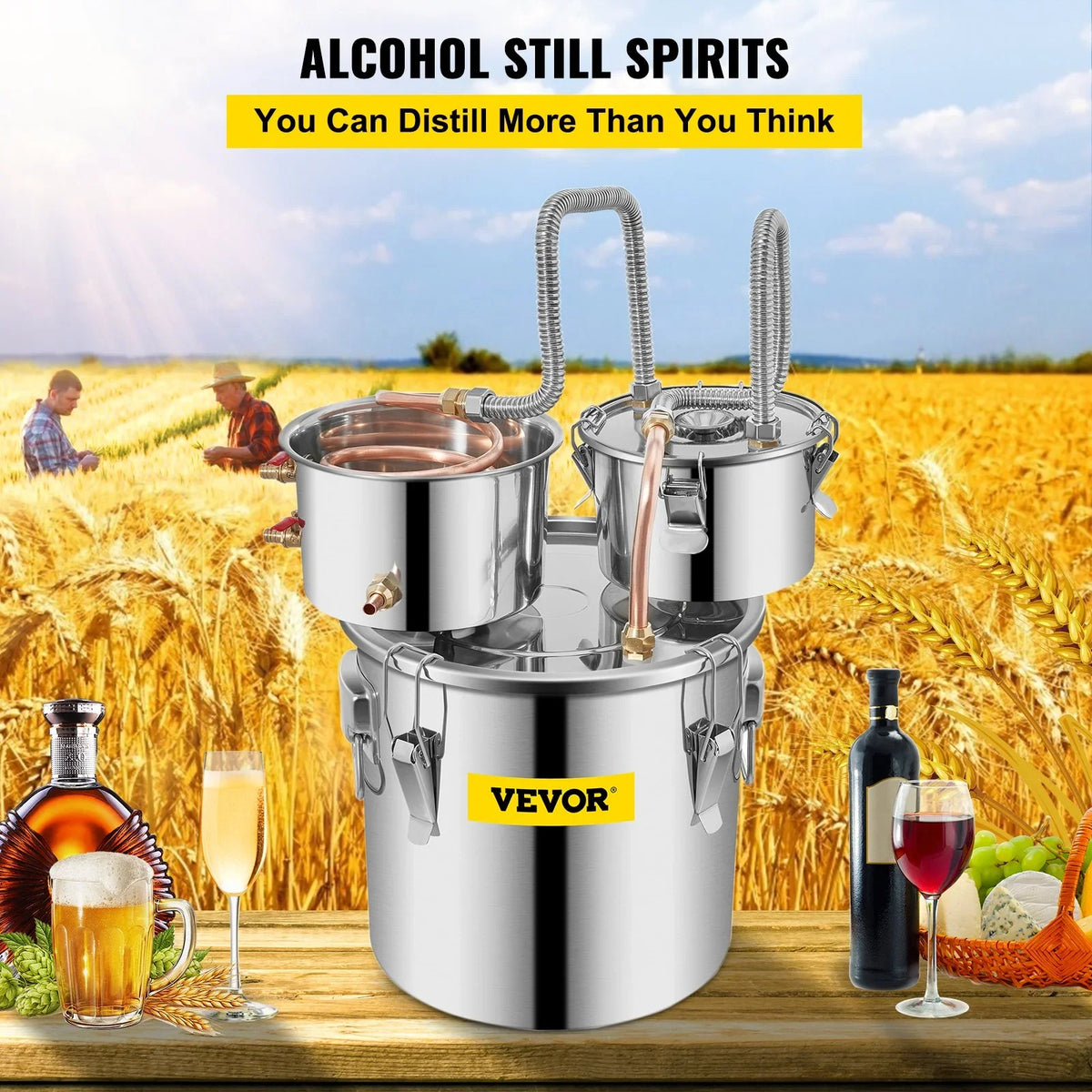 VEVOR Alcohol Still, 5 Gallon, Stainless Steel Alcohol Distiller with Copper Tube & Build-in Thermometer & Water Pump, Double Thumper Keg Home Brewing Kit, for DIY Whiskey Wine Brandy