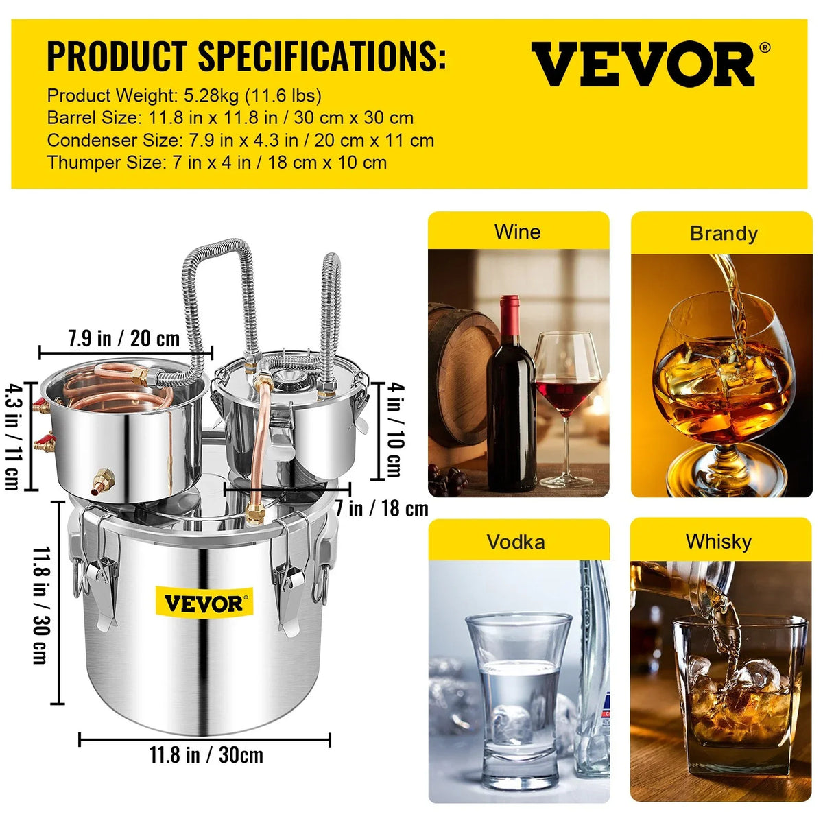 VEVOR Alcohol Still, 5 Gallon, Stainless Steel Alcohol Distiller with Copper Tube & Build-in Thermometer & Water Pump, Double Thumper Keg Home Brewing Kit, for DIY Whiskey Wine Brandy - View 11