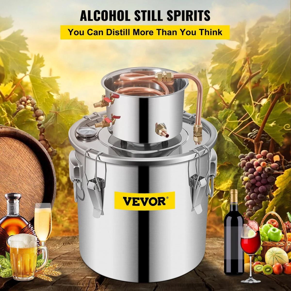 VEVOR Alcohol Still 9.6Gal/38L, Alcohol Distiller with Circulating Pump, Alcohol Still Copper Tube, Whiskey Distilling Kit with Build-In Thermometer, Whiskey Making Kit for DIY Alcohol, Stainless Stee