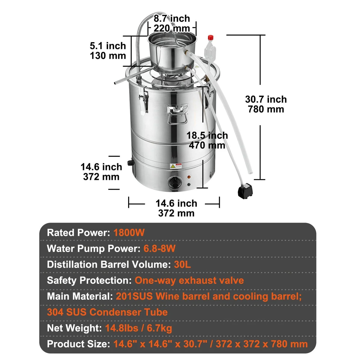 VEVOR Alcohol Still, 9 Gal 30L Water Alcohol Distiller, Home Distillery Kit include Stainless Steel Tube & Pump & One-way Exhaust Valve & Thermometer (30-120℃ ) for DIY Whisky Wine Brandy, Silver - View 6