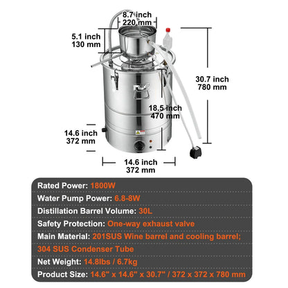 VEVOR Alcohol Still, 9 Gal 30L Water Alcohol Distiller, Home Distillery Kit include Stainless Steel Tube & Pump & One-way Exhaust Valve & Thermometer (30-120℃ ) for DIY Whisky Wine Brandy, Silver - View 6
