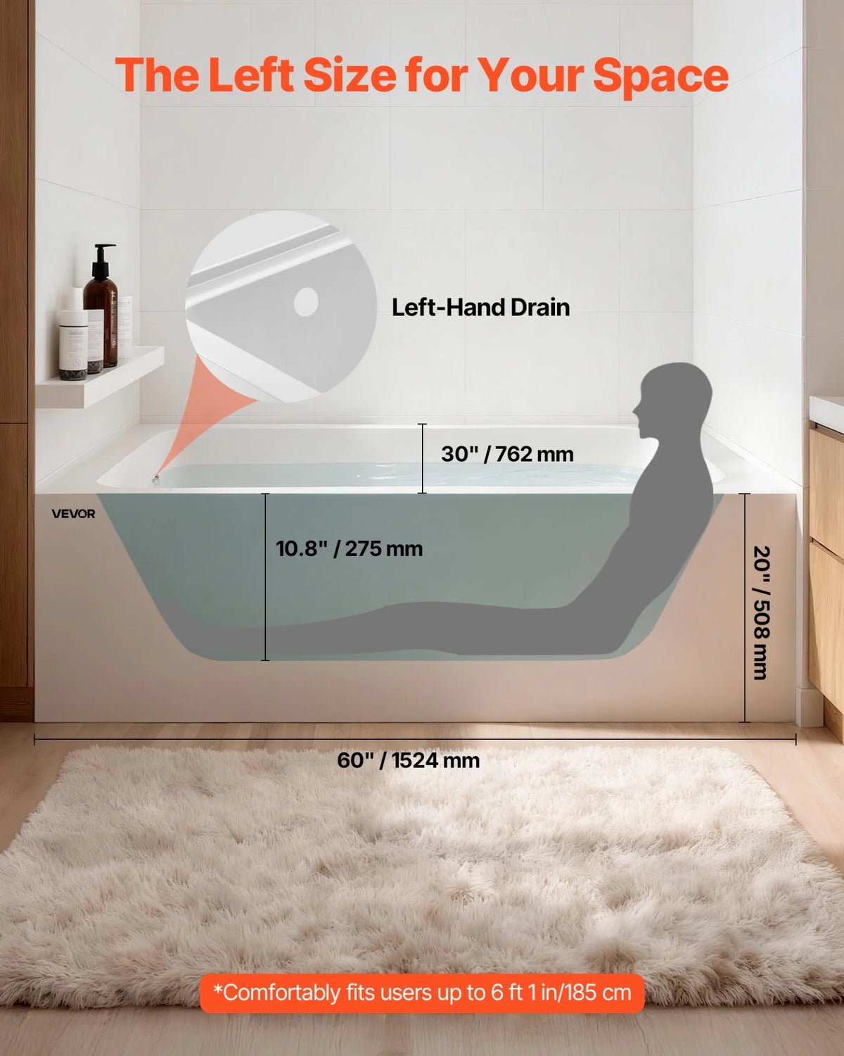 VEVOR Alcove Bathtub, 60" x 30" Contemporary Alcove Acrylic Bathtub, Soaking Bath Tub with Left Hand Drain and Overflow Hole, Large Rectangular Deep Soak Tub for Bathroom with Integral Flange, White