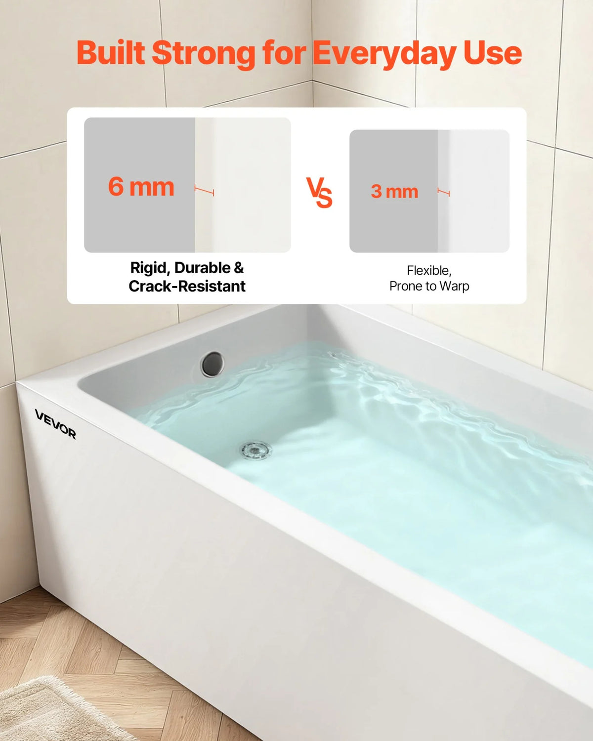 VEVOR Alcove Bathtub, 60" x 30" Contemporary Alcove Acrylic Bathtub, Soaking Bath Tub with Left Hand Drain and Overflow Hole, Large Rectangular Deep Soak Tub for Bathroom with Integral Flange, White - View 3
