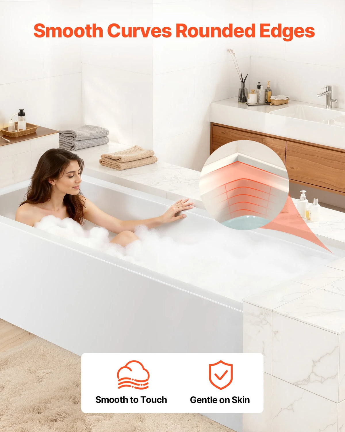 VEVOR Alcove Bathtub, 60" x 30" Contemporary Alcove Acrylic Bathtub, Soaking Bath Tub with Left Hand Drain and Overflow Hole, Large Rectangular Deep Soak Tub for Bathroom with Integral Flange, White - View 6