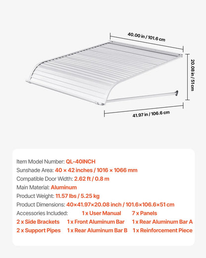 VEVOR Aluminum Awning 40 x 42 in, Durable Window Awning Door Canopy, Lightweight and Stable Aluminum Exterior Awnings Rain Snow Sunlight Protection for Door Entrance Windows Patio Porch - View 6