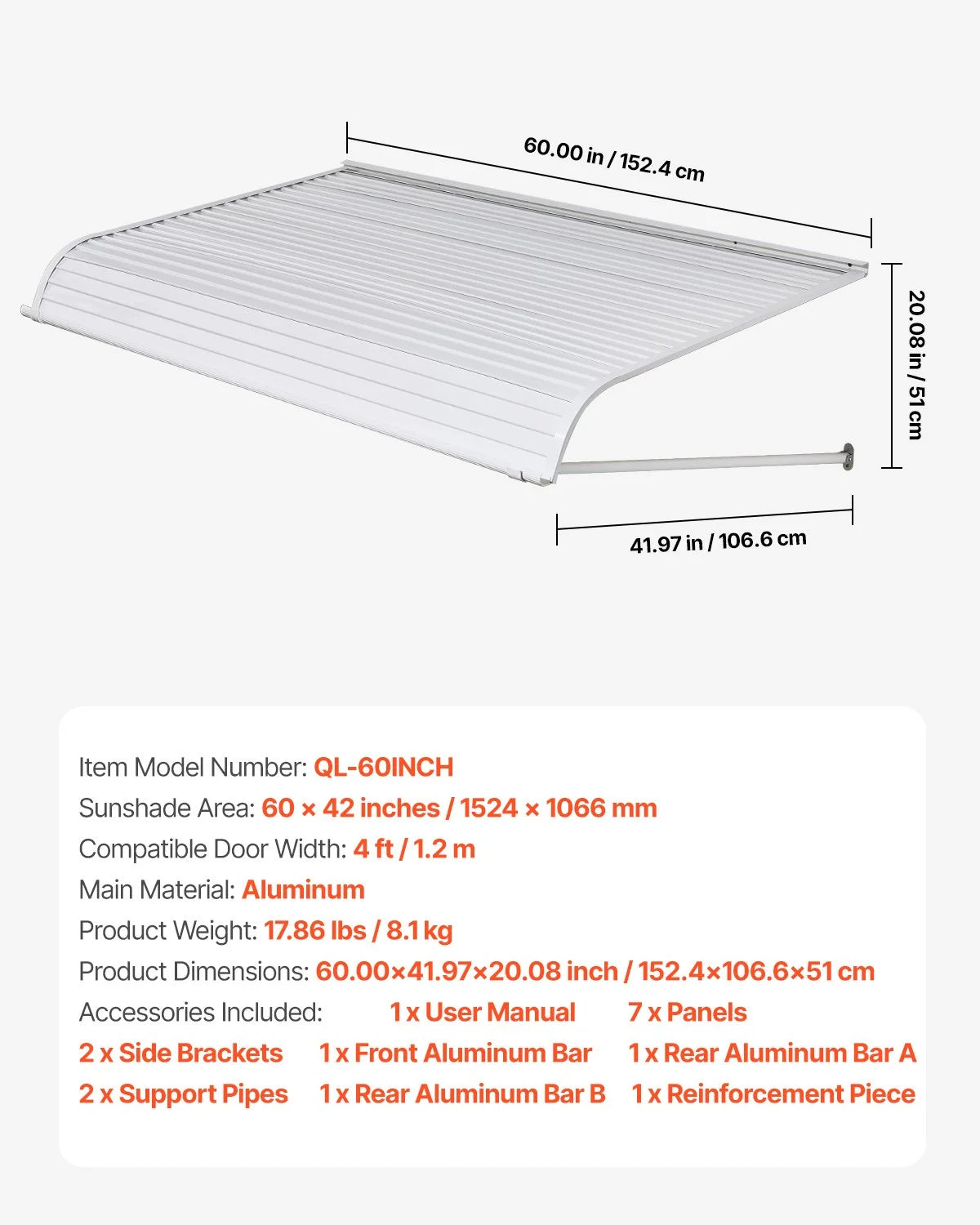 VEVOR Aluminum Awning 60 x 42 in, Durable Window Awning Door Canopy, Lightweight and Stable Aluminum Awnings for Doors Exterior Rain Snow Sunlight Protection for Door Entrance Windows Patio Porch - View 6