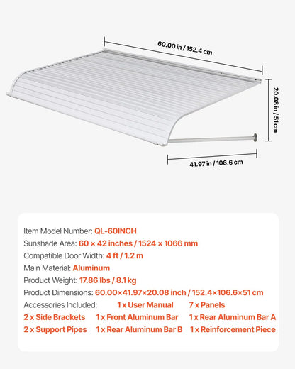 VEVOR Aluminum Awning 60 x 42 in, Durable Window Awning Door Canopy, Lightweight and Stable Aluminum Awnings for Doors Exterior Rain Snow Sunlight Protection for Door Entrance Windows Patio Porch - View 6