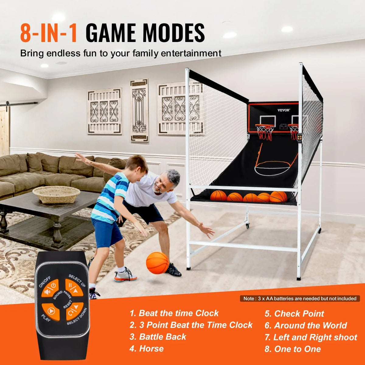 VEVOR Arcade Cage Basketball Game, 2 Player Indoor Basketball Game, Home Dual Shot Sport with 5 Balls, 8 Game Modes, Electronic Scoreboard, and Inflation Pump, for Kids, Adults (Black & White) - View 3