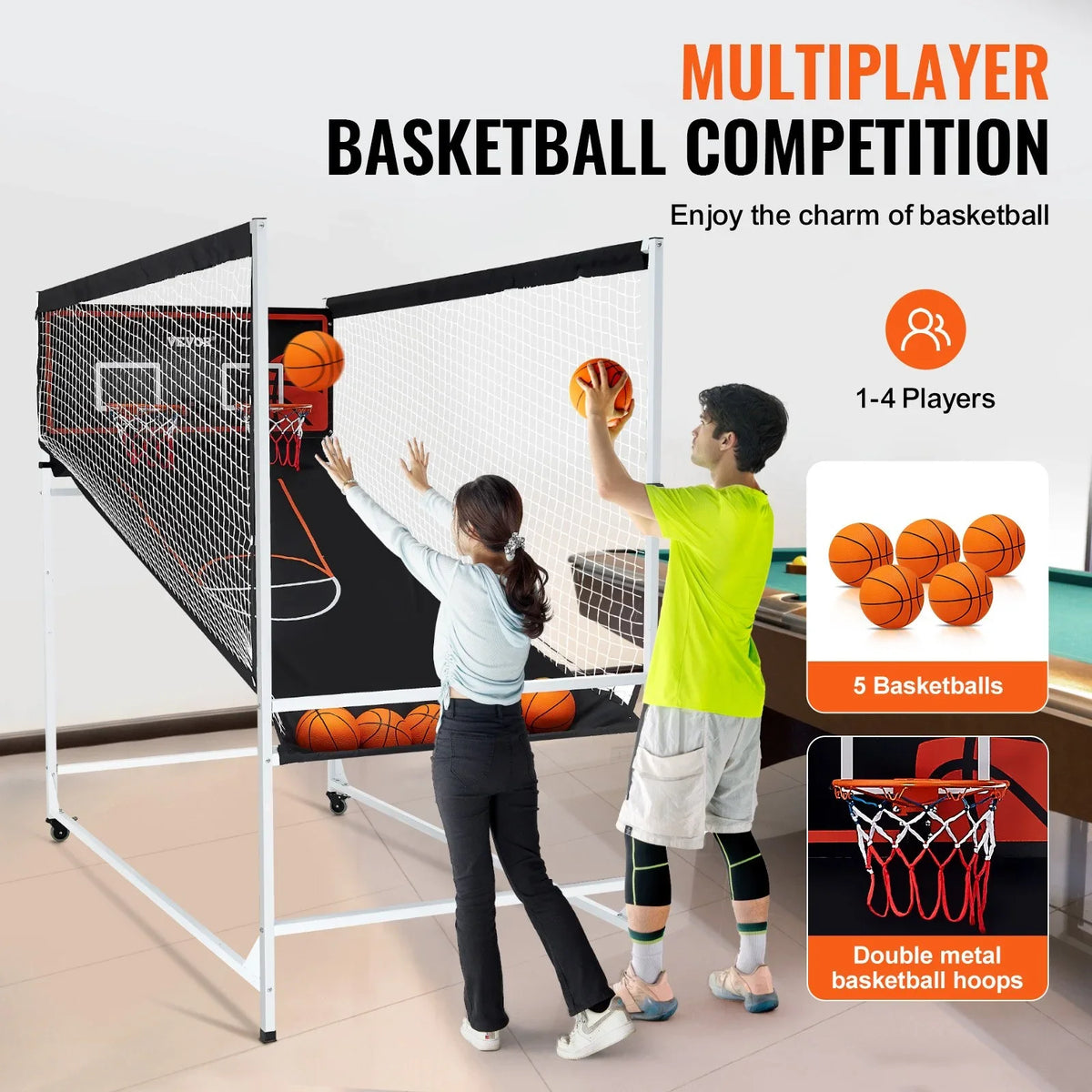 VEVOR Arcade Cage Basketball Game, 2 Player Indoor Basketball Game, Home Dual Shot Sport with 5 Balls, 8 Game Modes, Electronic Scoreboard, and Inflation Pump, for Kids, Adults (Black & White) - View 4