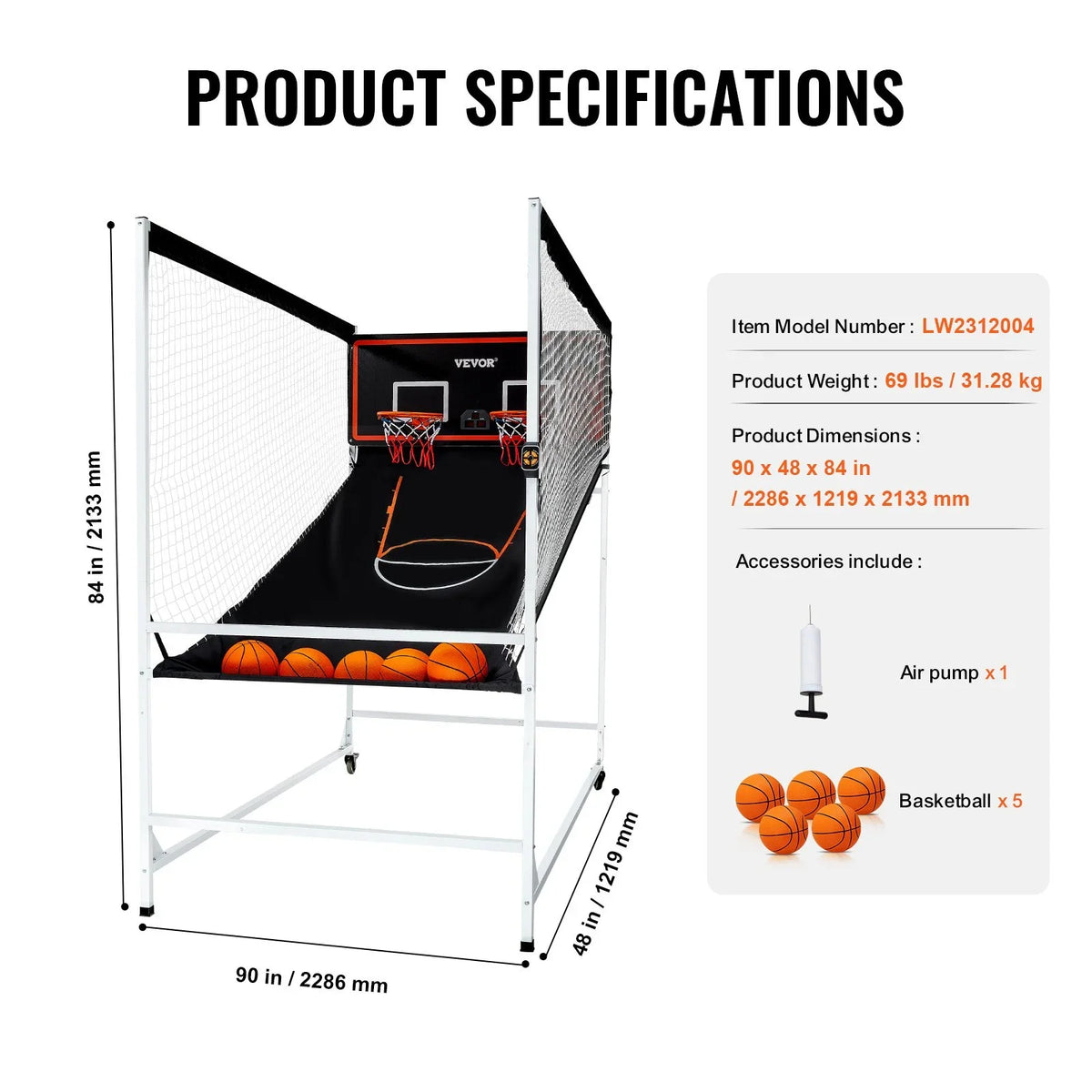 VEVOR Arcade Cage Basketball Game, 2 Player Indoor Basketball Game, Home Dual Shot Sport with 5 Balls, 8 Game Modes, Electronic Scoreboard, and Inflation Pump, for Kids, Adults (Black & White) - View 6