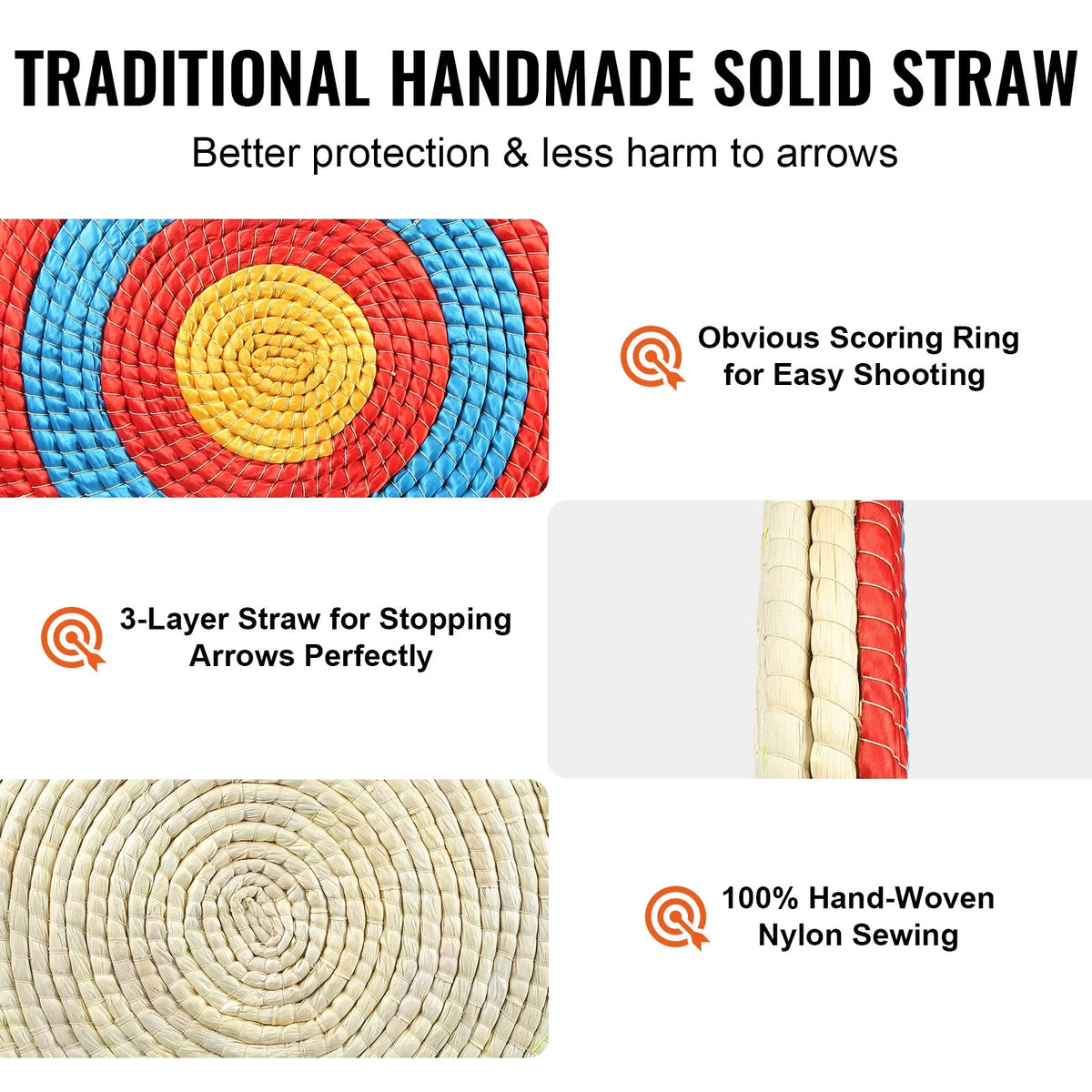 VEVOR Archery Target, 3 Layers 20" Arrow Target, Traditional Solid Straw Round Archery Target Shooting Bow, Hand-Made Arrows Target, Coloured Rope Target for Backyard Outdoor Hunting Shooting Practice - View 3