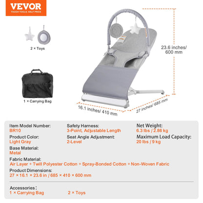VEVOR Baby Bouncer, Folding Bouncer Seat for Babies 0-9 Months, Newborn Bouncer Chair with 2 Reclining Angles & Rotatable Toy Bar, Portable Infant Rocker with Travel Bag for Indoor Outdoor, Light Gray - View 6