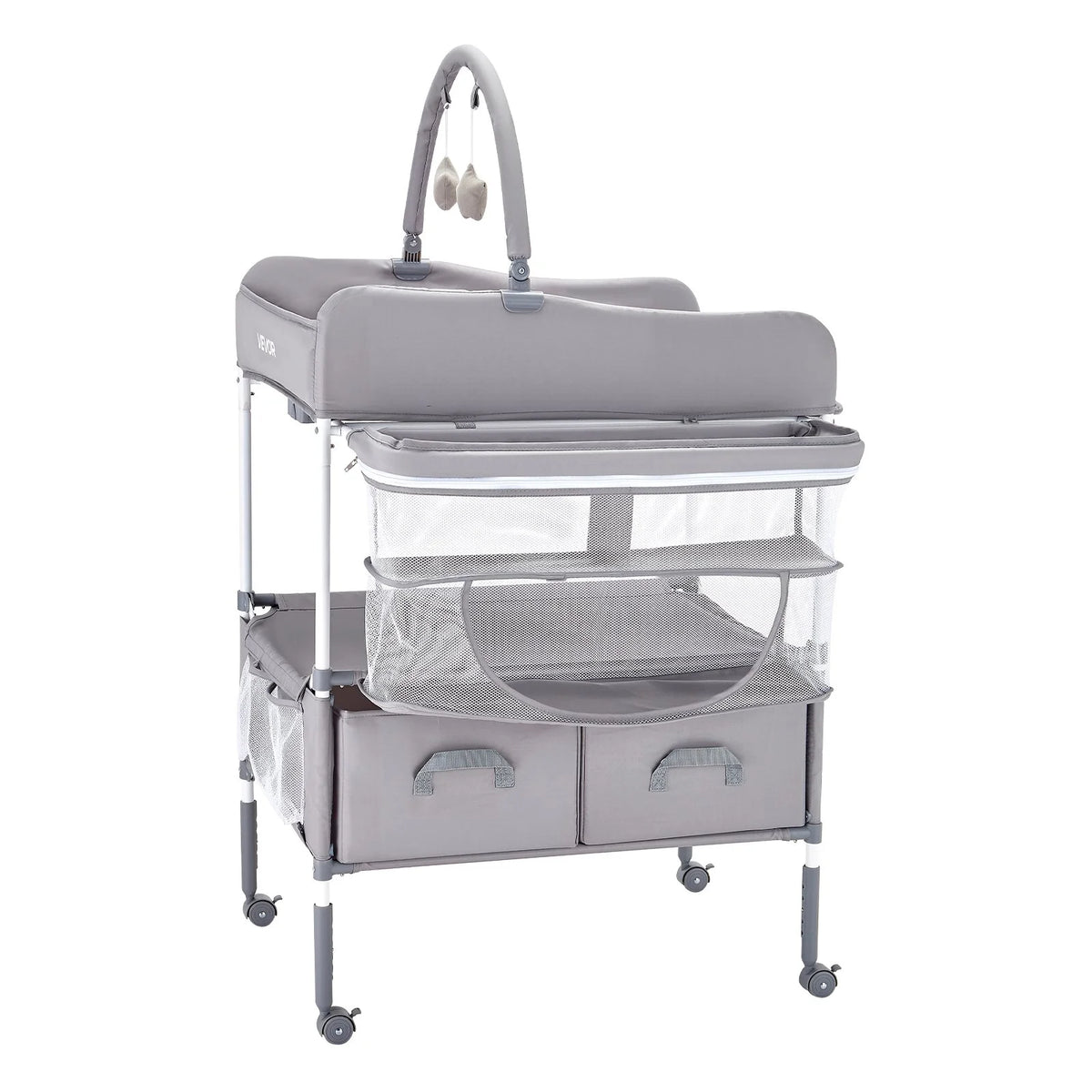 VEVOR Baby Changing Table, Foldable Diaper Change Station with 2 Fabric Drawers, Side Basket & Hanging Rod, Adjustable Height Portable Changing Table with Lockable Wheels & 2 Star Toys, Light Gray - View 10