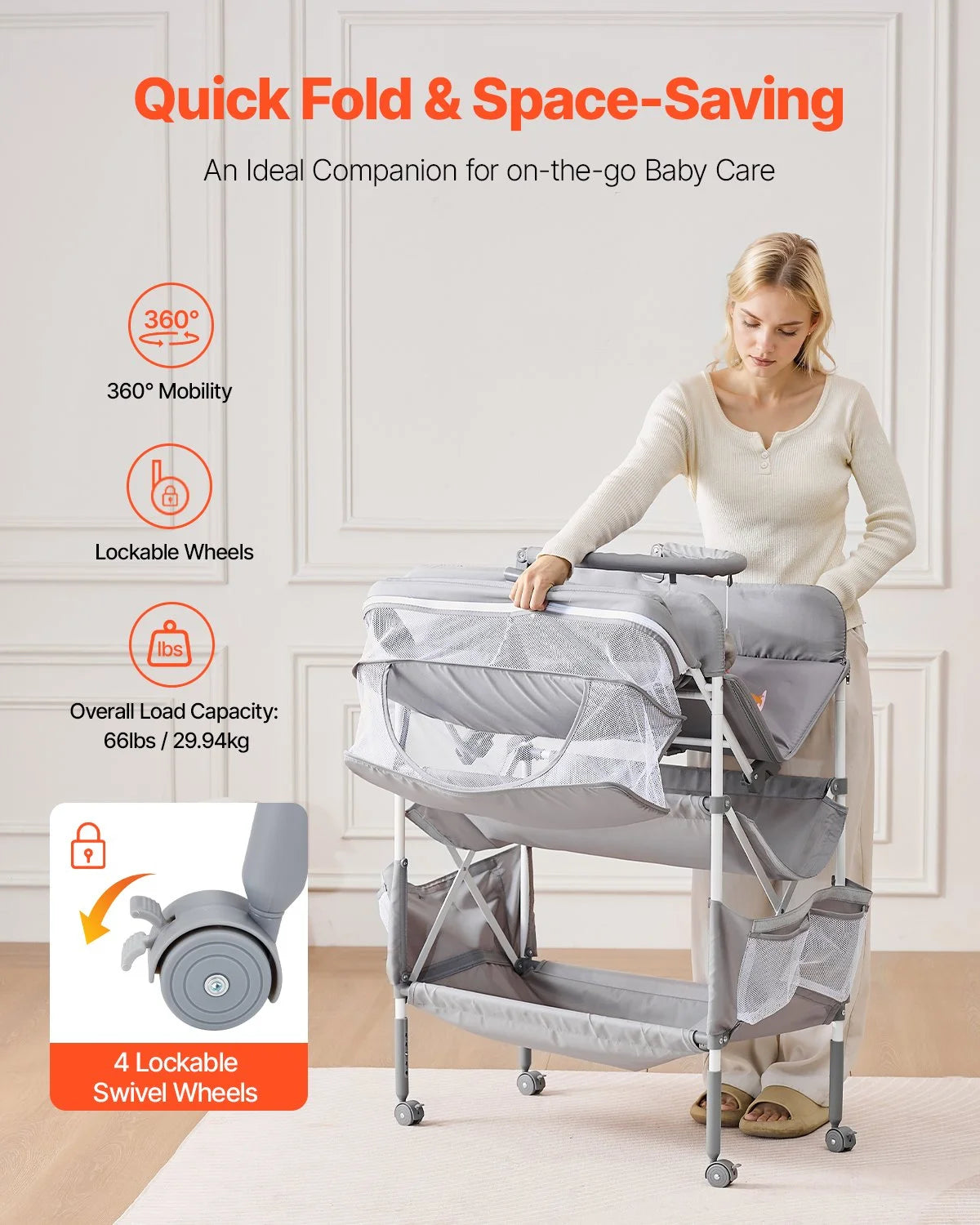 VEVOR Baby Changing Table, Foldable Diaper Change Station with 2 Fabric Drawers, Side Basket & Hanging Rod, Adjustable Height Portable Changing Table with Lockable Wheels & 2 Star Toys, Light Gray - View 2