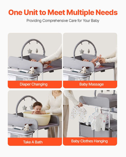 VEVOR Baby Changing Table, Foldable Diaper Change Station with 2 Fabric Drawers, Side Basket & Hanging Rod, Adjustable Height Portable Changing Table with Lockable Wheels & 2 Star Toys, Light Gray - View 5