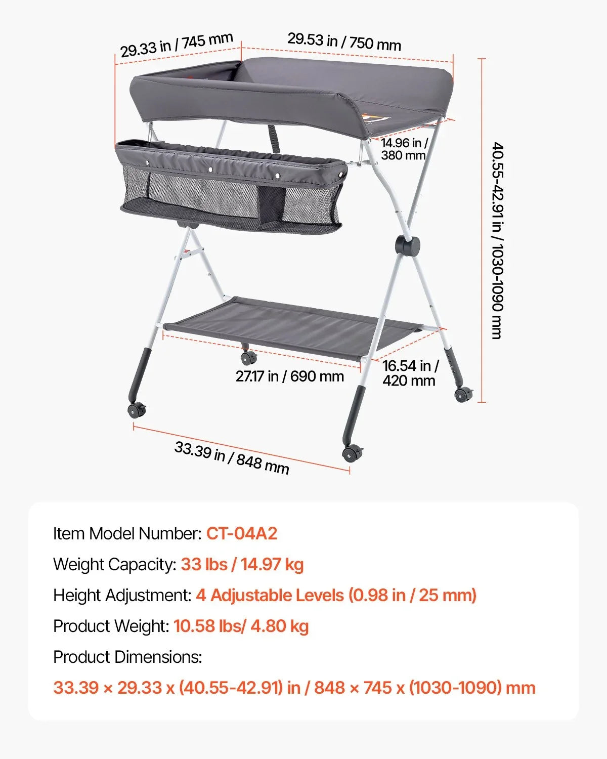 VEVOR Baby Changing Table, Foldable Diaper Change Station with Side Basket, Adjustable Height Portable Changing Table with Lockable Wheels, Multi-Functional Storage Organizer Nursery, Dark Gray - View 6
