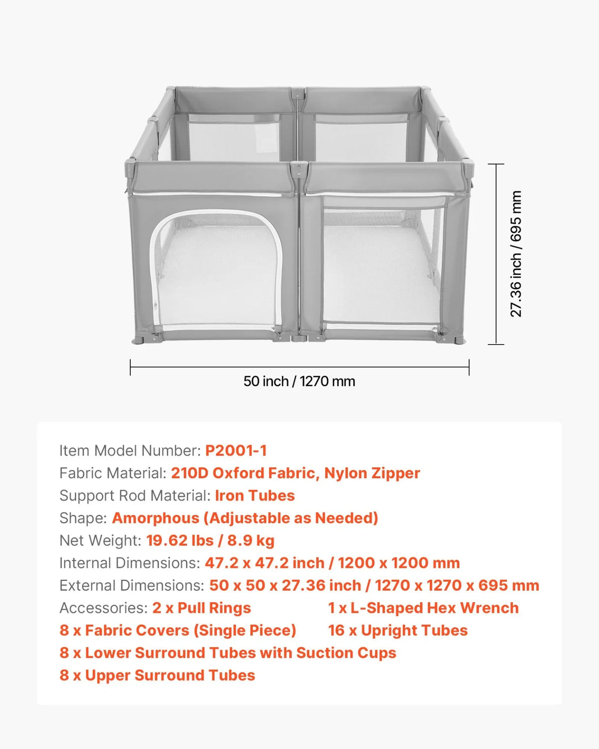 VEVOR Baby Playpen, 47.2″ x 47.2″ Foldable Toddlers Playpen, Indoor/Outdoor Baby Fence Play Yard with Zippered Door & Soft Breathable Mesh, No-Gap Toddlers Activity Center for 6 -24 Months Babies - View 7