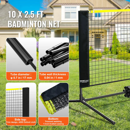 VEVOR Badminton Net, Height Adjustable Volleyball Net, 10ft Wide Foldable Pickleball Net, Portable Easy Setup Tennis Net Set with Poles, Stand and Carry Bag, for Kids Backyard Game Indoor Outdoor Use - View 4