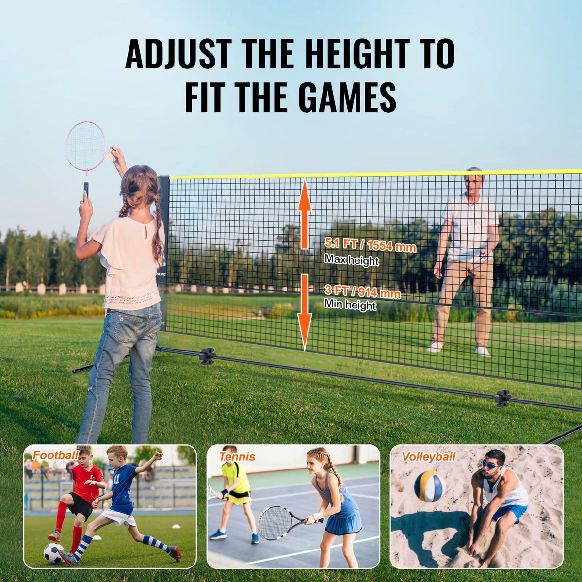 VEVOR Badminton Net, Height Adjustable Volleyball Net, 10ft Wide Foldable Pickleball Net, Portable Easy Setup Tennis Net Set with Poles, Stand and Carry Bag, for Kids Backyard Game Indoor Outdoor Use - View 5