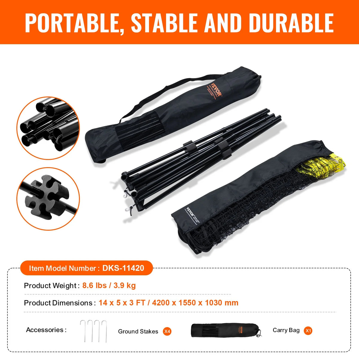 VEVOR Badminton Net, Height Adjustable Volleyball Net, 14ft Wide Foldable Pickleball Net, Portable Easy Setup Tennis Net Set with Poles, Stand and Carry Bag, for Kids Backyard Game Indoor Outdoor Use - View 8