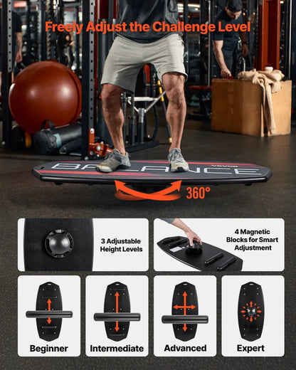 VEVOR Balance Board, 3-Level Height Adjustable Wobble Board Trainer for Adults, Premium Wooden Balance Training Equipment, with Roller, Magnetic Stoppers, Storage Rack, for Core Workouts, Surf Trainer - View 2