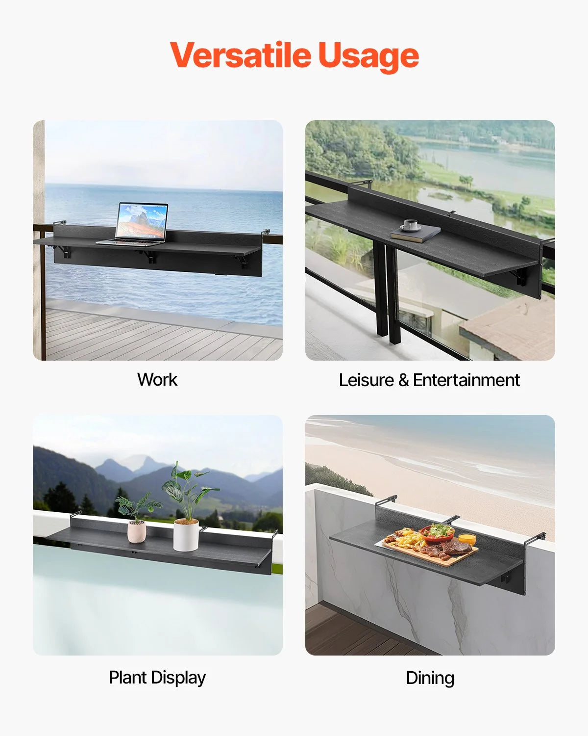 VEVOR Balcony Hanging Table, 12 x 48 in Folding Balcony Railing Table, Outdoor Balcony Bar Table for Railings, 50 lbs Loading, Fit Railing from 1" to 4.3", Serving Table for Patio & Deck - View 5