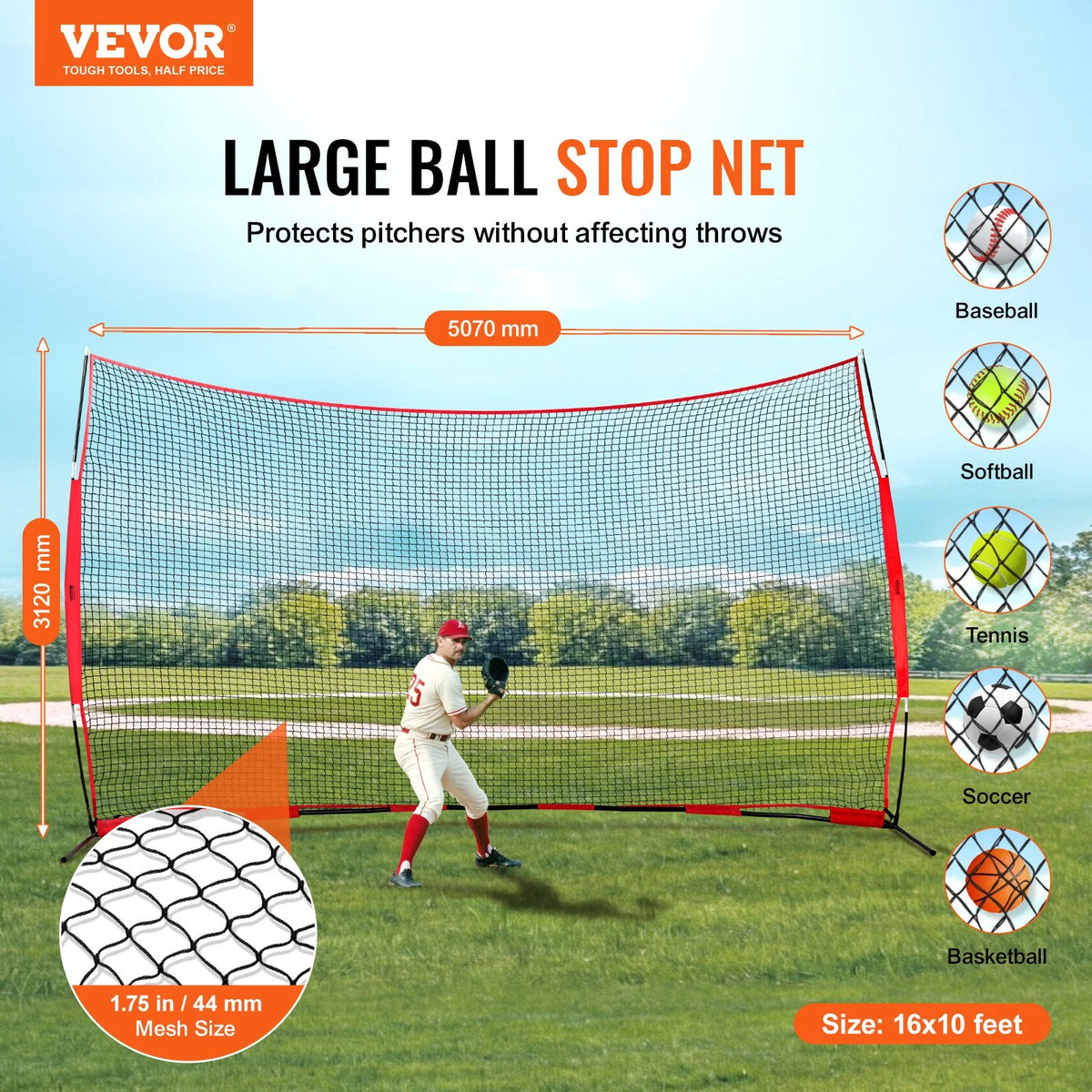 VEVOR Barricade Backstop Net, 16x10 ft Ball Sports Barrier Netting, Portable Practice Equipment with Carry Bag, Protection Screen for Baseball Softball Lacrosse Soccer Training, for Backyard - View 2