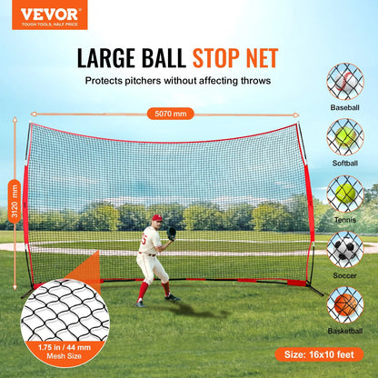 VEVOR Barricade Backstop Net, 16x10 ft Ball Sports Barrier Netting, Portable Practice Equipment with Carry Bag, Protection Screen for Baseball Softball Lacrosse Soccer Training, for Backyard - View 2
