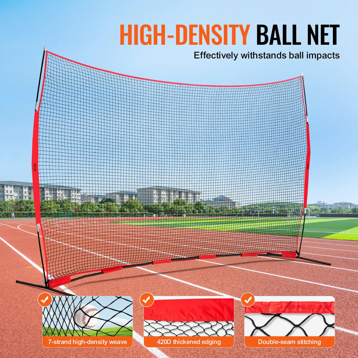 VEVOR Barricade Backstop Net, 16x10 ft Ball Sports Barrier Netting, Portable Practice Equipment with Carry Bag, Protection Screen for Baseball Softball Lacrosse Soccer Training, for Backyard - View 3