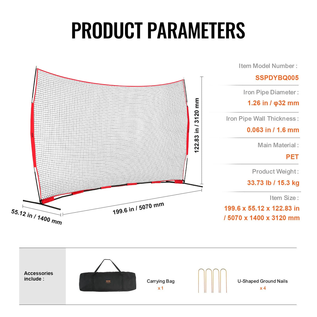 VEVOR Barricade Backstop Net, 16x10 ft Ball Sports Barrier Netting, Portable Practice Equipment with Carry Bag, Protection Screen for Baseball Softball Lacrosse Soccer Training, for Backyard - View 7