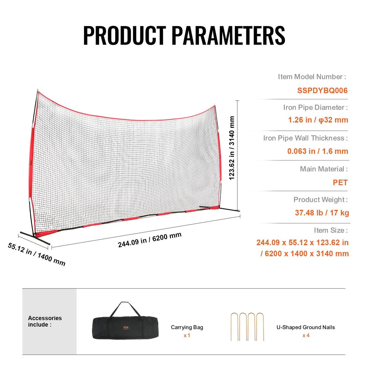 VEVOR Barricade Backstop Net, 20x10 ft Ball Sports Barrier Netting, Portable Practice Equipment with Carry Bag, Protection Screen for Baseball Softball Lacrosse Soccer Hockey Training, for Backyard - View 6