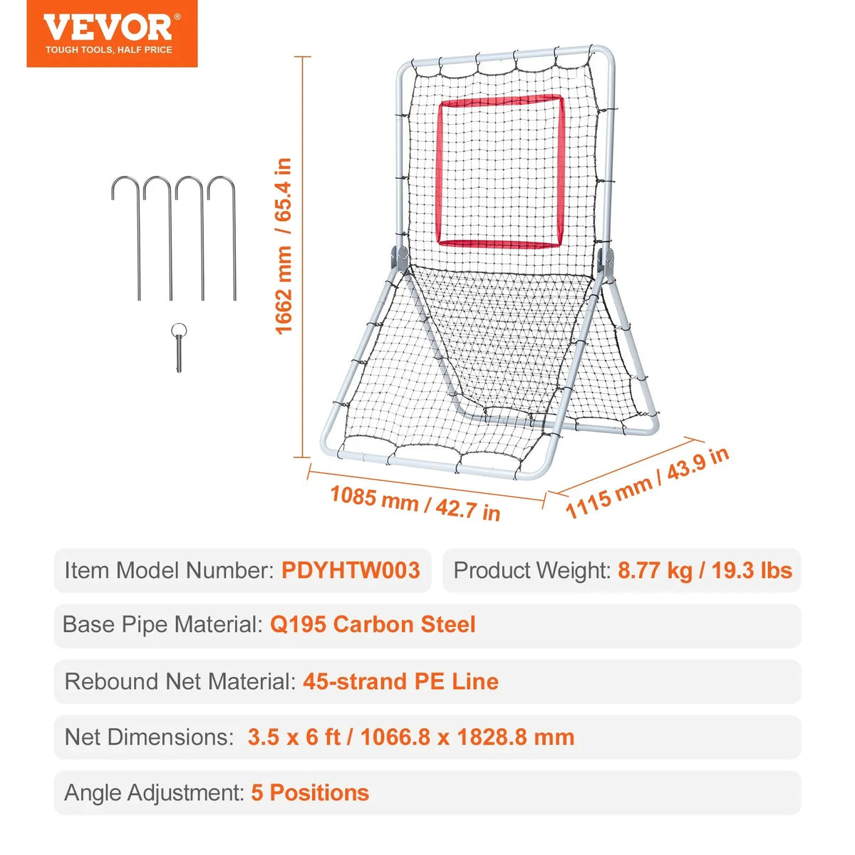 VEVOR Baseball And Softball Rebounder Net 3.5 x 6 ft 5 Adjustable Angles - View 6