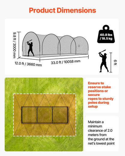 VEVOR Baseball Batting Cage, 33.0 x 12.0 x 9.8 FT Freestanding Portable Batting Cage, Hitting Cages with 4-Ply Knotless Polyester & Pitching Machine Opening, Battings Cages Netting for Indoor Outdoor - View 2