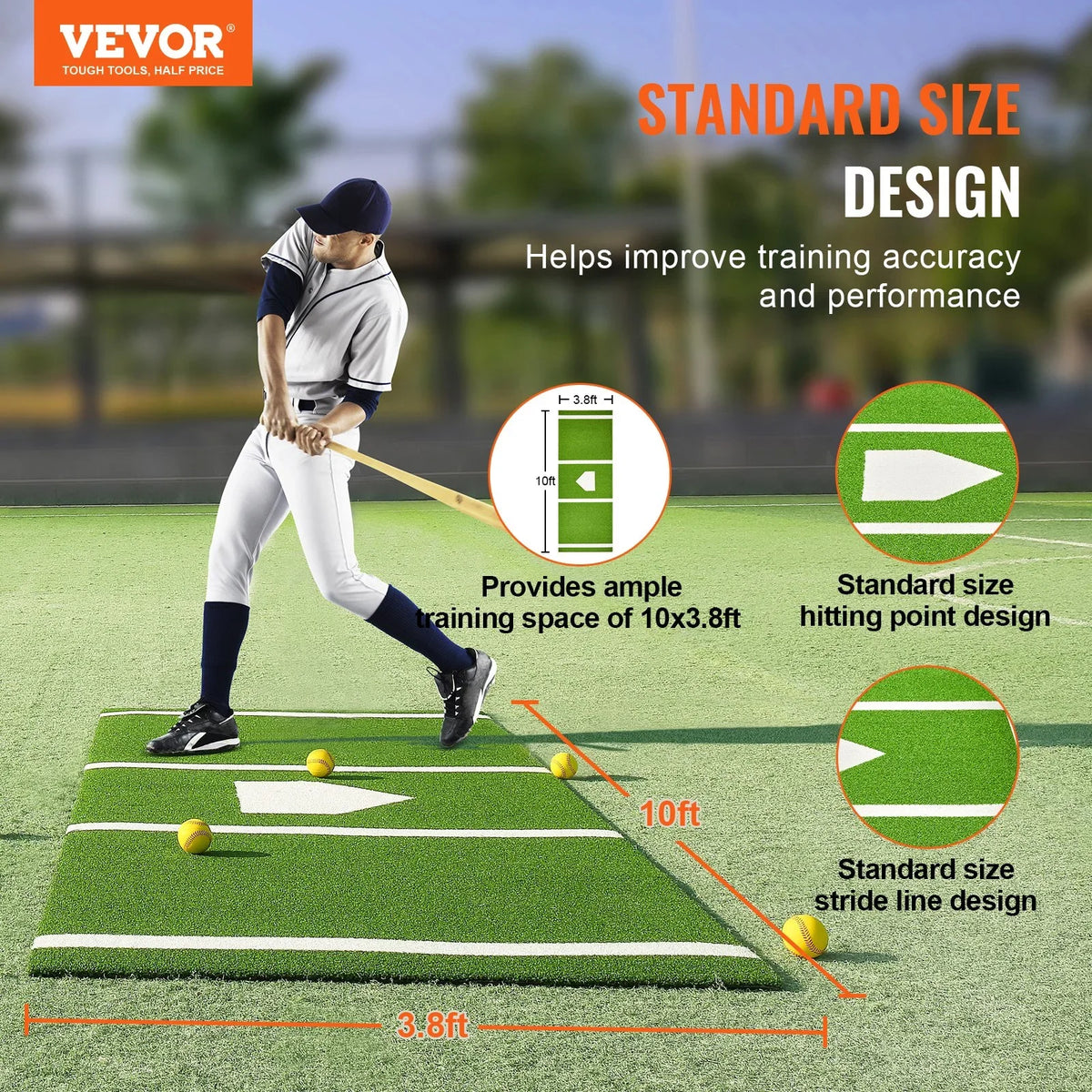 VEVOR Baseball Softball Hitting Batting Mat, 10' x 3.8' Indoor/Outdoor Softball Mat, Lined & Foam Backing Anti-Slip Anti-Fade Softball Training Aid, Portable Practice Mat with Tightening Rope, Green - View 11