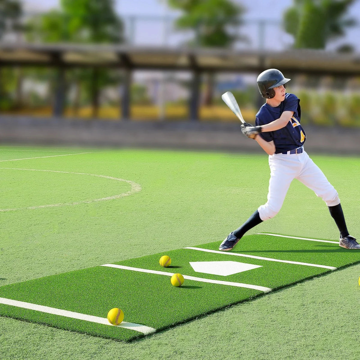 VEVOR Baseball Softball Hitting Batting Mat, 10' x 3.8' Indoor/Outdoor Softball Mat, Lined & Foam Backing Anti-Slip Anti-Fade Softball Training Aid, Portable Practice Mat with Tightening Rope, Green - View 15