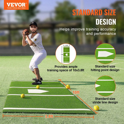 VEVOR Baseball Softball Hitting Batting Mat, 10' x 3.8' Indoor/Outdoor Softball Mat, Lined & Foam Backing Anti-Slip Anti-Fade Softball Training Aid, Portable Practice Mat with Tightening Rope, Green - View 2