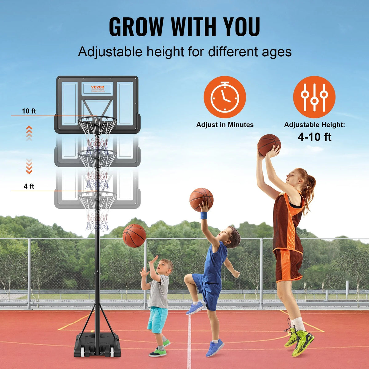 VEVOR Basketball Hoop, 4-10 ft Adjustable Height Portable Backboard System, 44 inch Basketball Hoop & Goal, Kids & Adults Basketball Set with Wheels, Stand, and Fillable Base, for Outdoor/Indoor - View 5