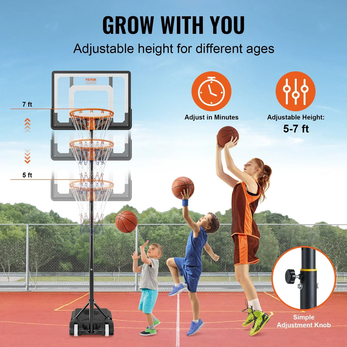 VEVOR Basketball Hoop, 5-7 ft Adjustable Height Portable Backboard System, 32 inch Basketball Hoop & Goal, Kids & Adults Basketball Set with Wheels, Stand, and Fillable Base, for Outdoor/Indoor - View 3