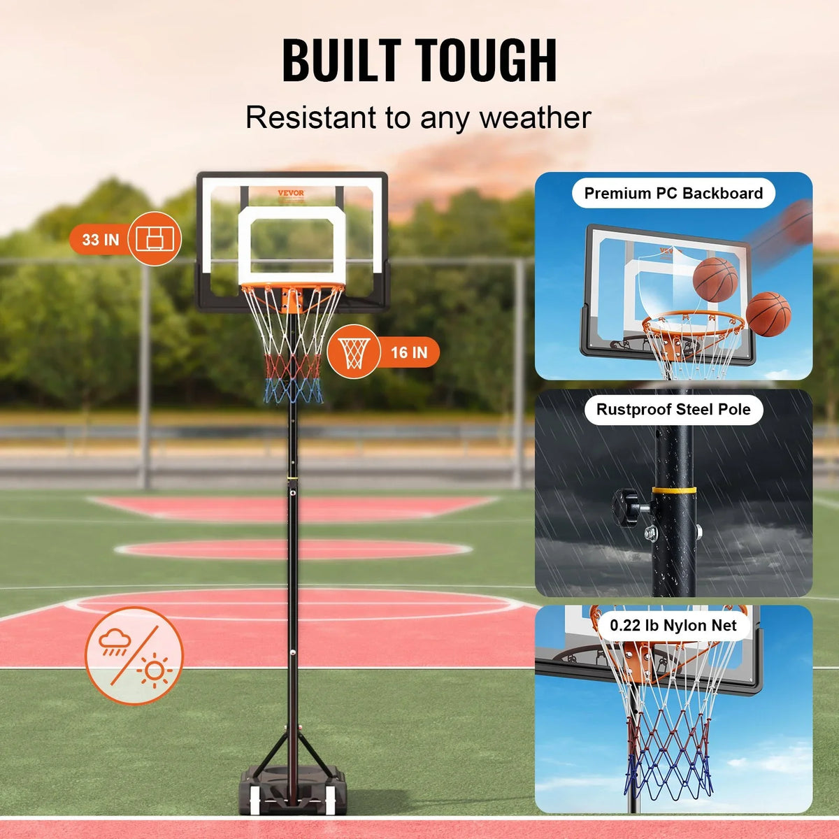 VEVOR Basketball Hoop, 5-7 ft Adjustable Height Portable Backboard System, 32 inch Basketball Hoop & Goal, Kids & Adults Basketball Set with Wheels, Stand, and Fillable Base, for Outdoor/Indoor - View 4