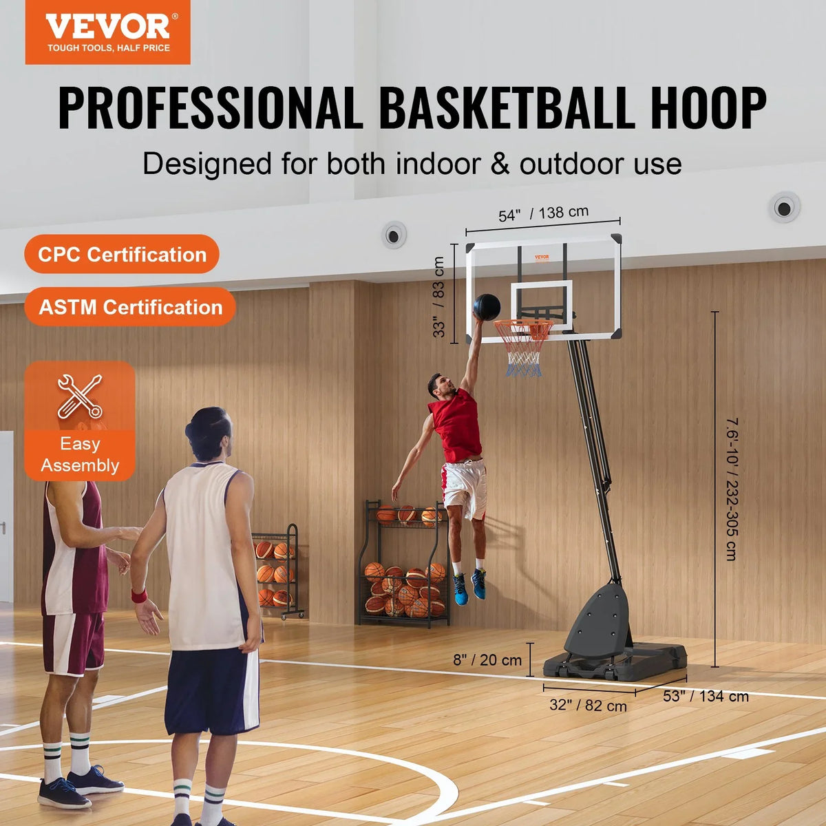 VEVOR Basketball Hoop, 7.6-10 ft Adjustable Height Portable Backboard System, 54 inch Basketball Hoop & Goal, Kids & Adults Basketball Set with Wheels, Stand, and Fillable Base, for Outdoor/Indoor