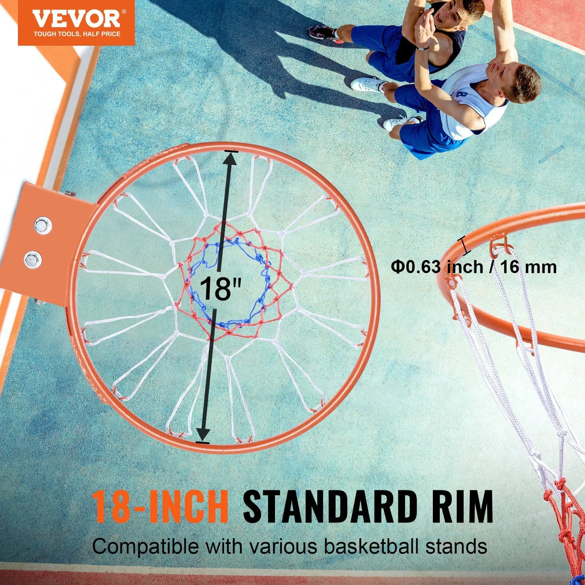 VEVOR Basketball Rim, Wall Door Mounted Basketball Hoop, Heavy Duty Q235 Basketball Flex Rim Goal Replacement with Net, Standard 18" Indoor and Outdoor Hanging Basketball Hoop for Kids Adults - View 2