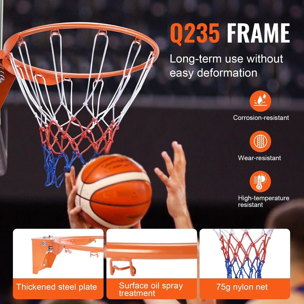 VEVOR Basketball Rim, Wall Door Mounted Basketball Hoop, Heavy Duty Q235 Basketball Flex Rim Goal Replacement with Net, Standard 18" Indoor and Outdoor Hanging Basketball Hoop for Kids Adults - View 3