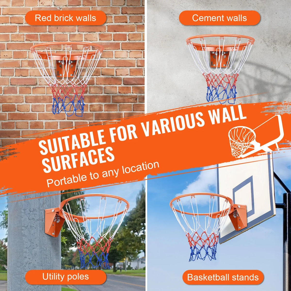 VEVOR Basketball Rim, Wall Door Mounted Basketball Hoop, Heavy Duty Q235 Basketball Flex Rim Goal Replacement with Net, Standard 18" Indoor and Outdoor Hanging Basketball Hoop for Kids Adults - View 6