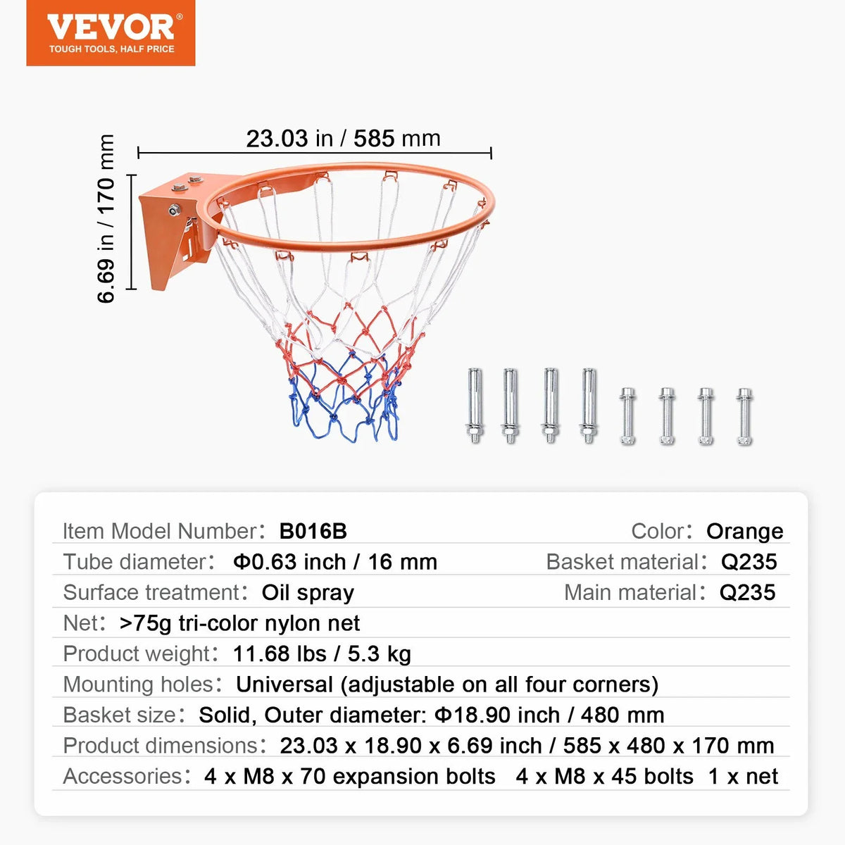 VEVOR Basketball Rim, Wall Door Mounted Basketball Hoop, Heavy Duty Q235 Basketball Flex Rim Goal Replacement with Net, Standard 18" Indoor and Outdoor Hanging Basketball Hoop for Kids Adults - View 7