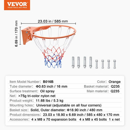 VEVOR Basketball Rim, Wall Door Mounted Basketball Hoop, Heavy Duty Q235 Basketball Flex Rim Goal Replacement with Net, Standard 18" Indoor and Outdoor Hanging Basketball Hoop for Kids Adults - View 7