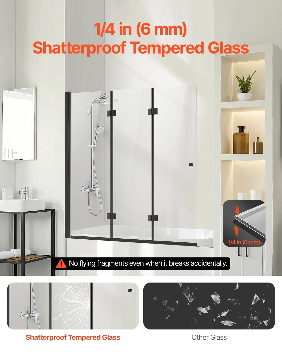 VEVOR Bathtub Shower Door, 51 in. W x 56 in. H, Frameless Foldable Hinged Shower Door, Tri-Fold Shower Glass Door with 1/4 in Tempered Glass Door, 180°Rotating and Folding Design, for Bathtub, Black