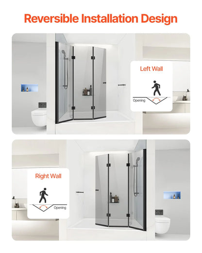 VEVOR Bathtub Shower Door, 51 in. W x 56 in. H, Frameless Foldable Hinged Shower Door, Tri-Fold Shower Glass Door with 1/4 in Tempered Glass Door, 180°Rotating and Folding Design, for Bathtub, Black - View 3