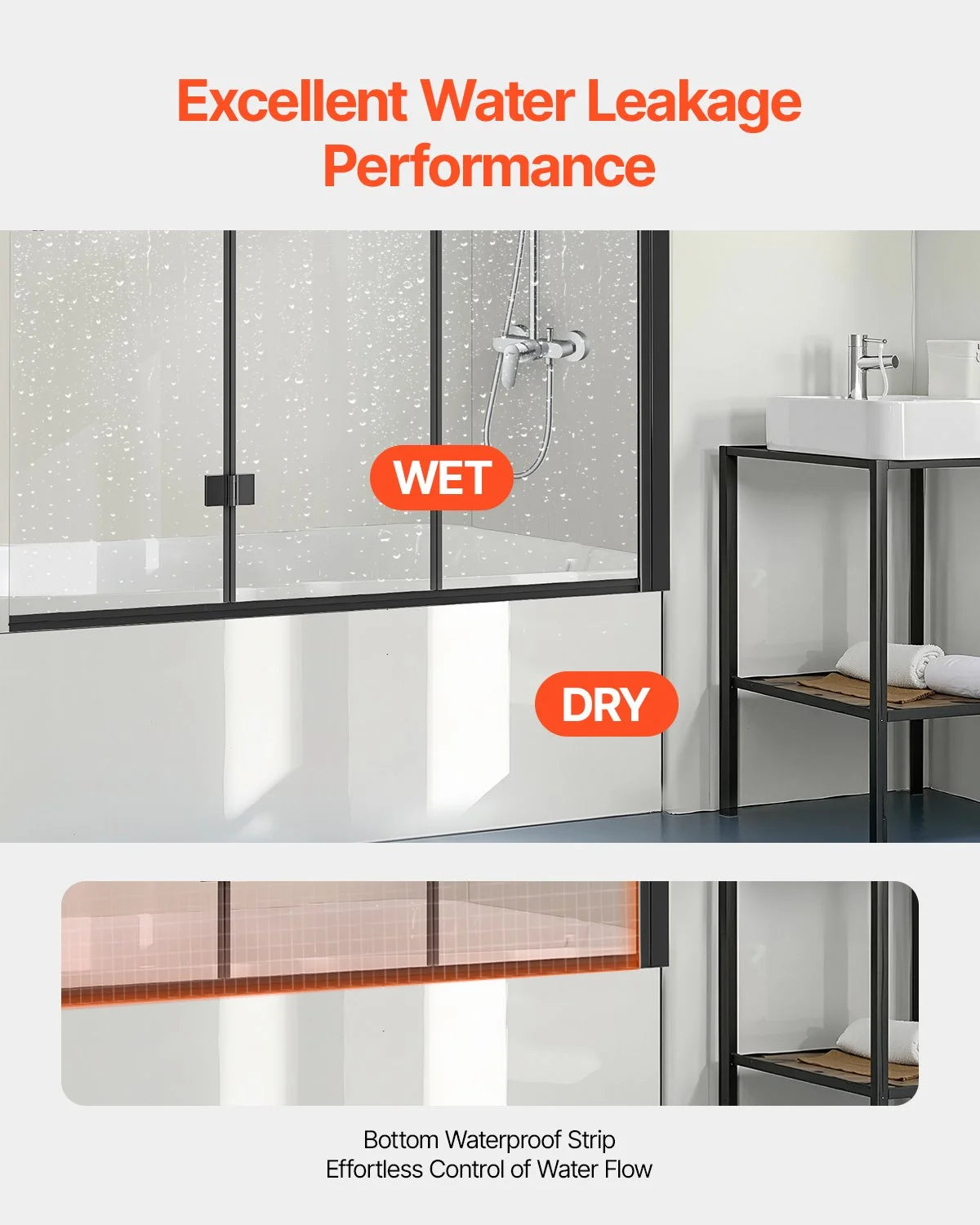 VEVOR Bathtub Shower Door, 51 in. W x 56 in. H, Frameless Foldable Hinged Shower Door, Tri-Fold Shower Glass Door with 1/4 in Tempered Glass Door, 180°Rotating and Folding Design, for Bathtub, Black - View 4